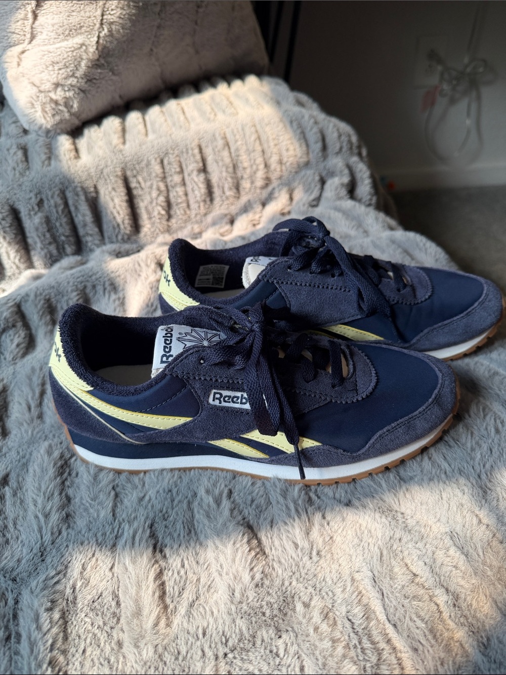 Reebok womens Navy with Yellow Accent Retro Sneakers